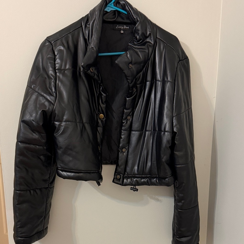 emory park Black Faux Leather Cropped Puffer Jacket
